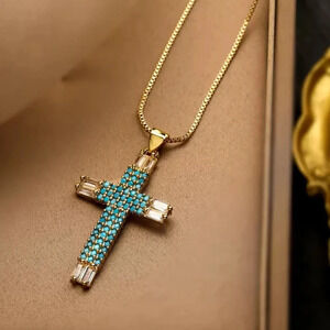 Maria Turquoise Cross Crystal Gold Necklace